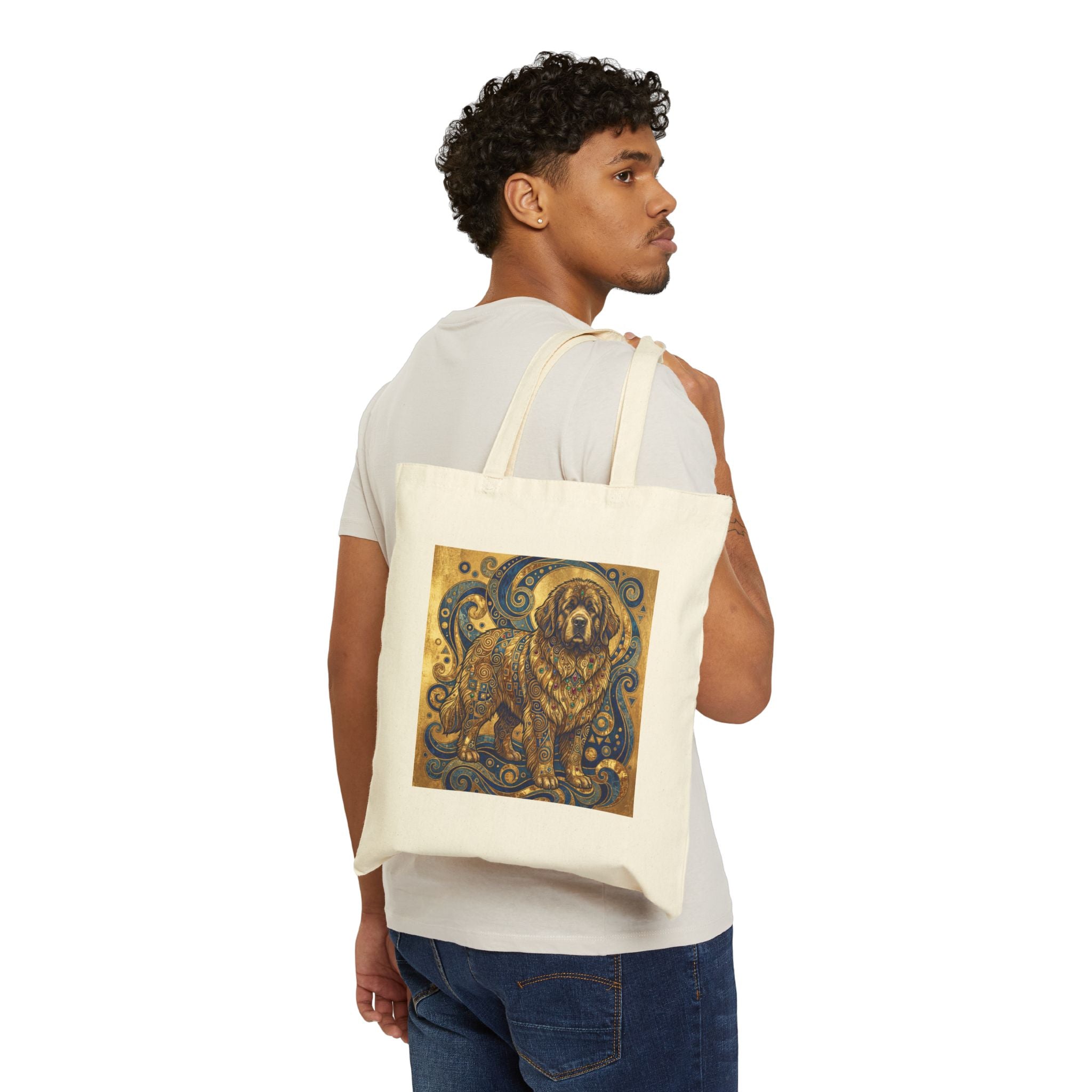 Klimt-Style Newfoundland Tote Bag – Blue Gold Ornamental Art Print – lifestyle view