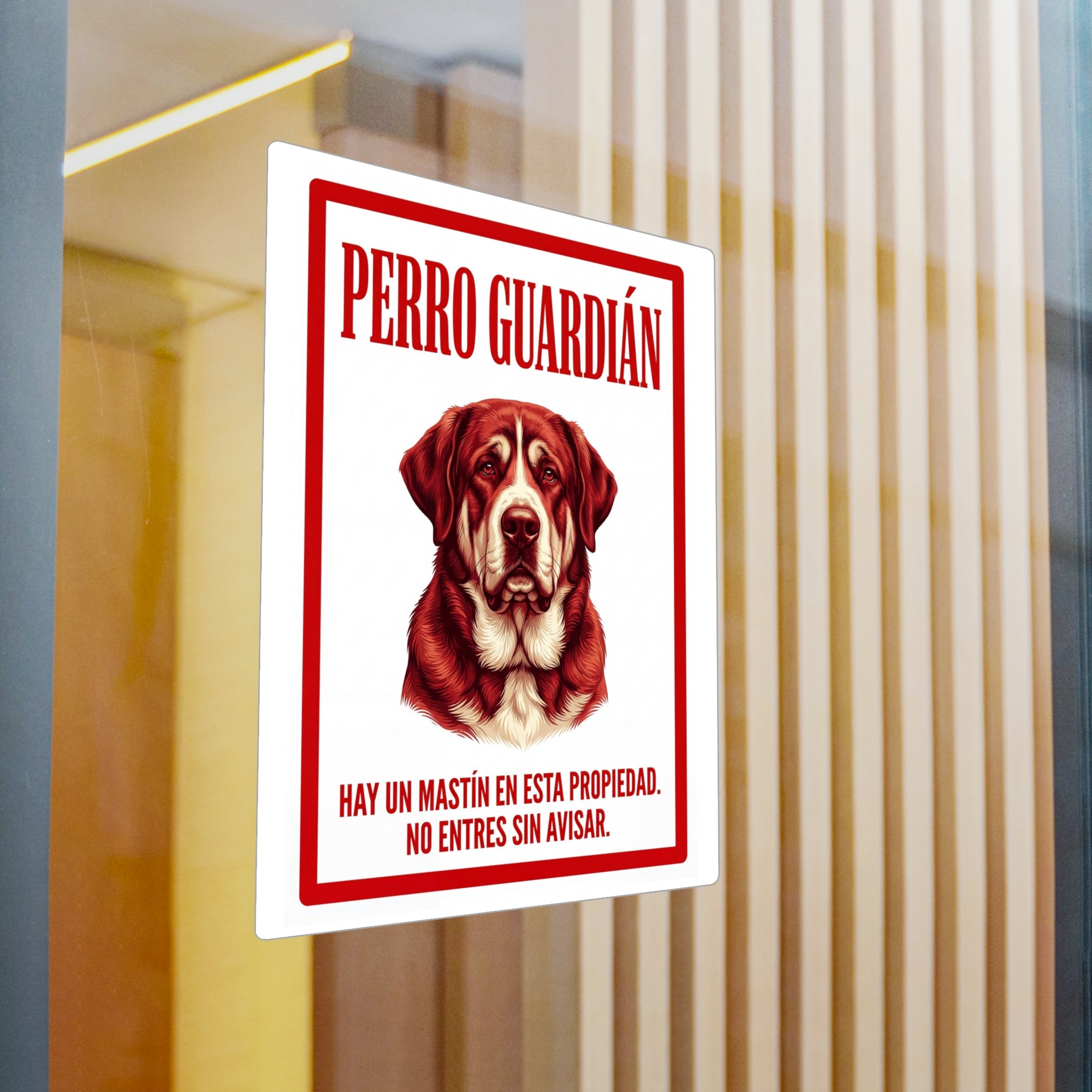 Beware of Spanish Mastiff Sign – Red Portrait Warning Outdoor Vinyl Decal – detail view