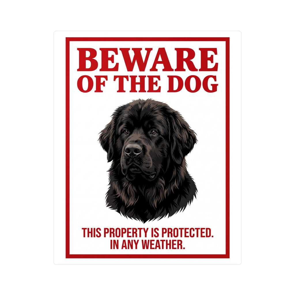 Beware of Newfoundland Sign – Bold Red Portrait Outdoor Vinyl Decal – side view