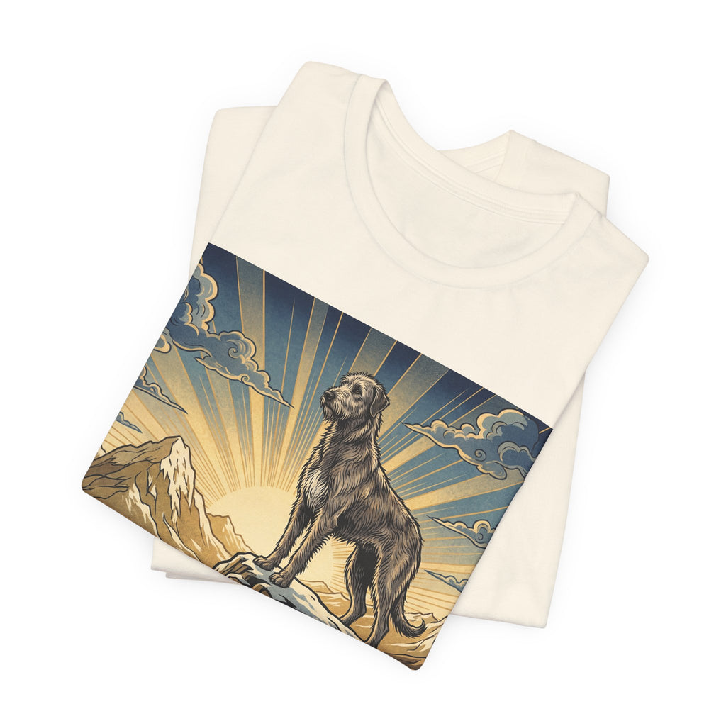 Woodcut Irish Wolfhound T-Shirt — Mountain Sunrise Rays Art Print