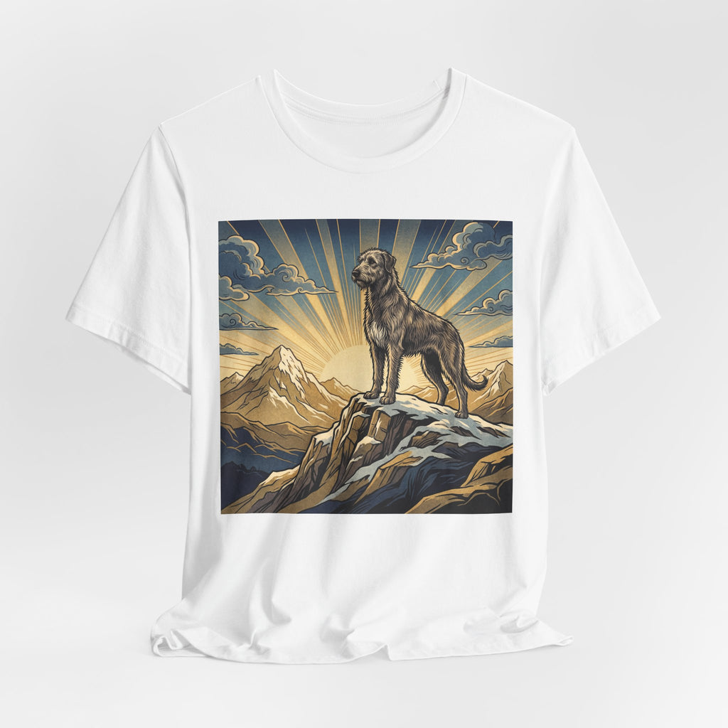 Woodcut Irish Wolfhound T-Shirt — Mountain Sunrise Rays Art Print