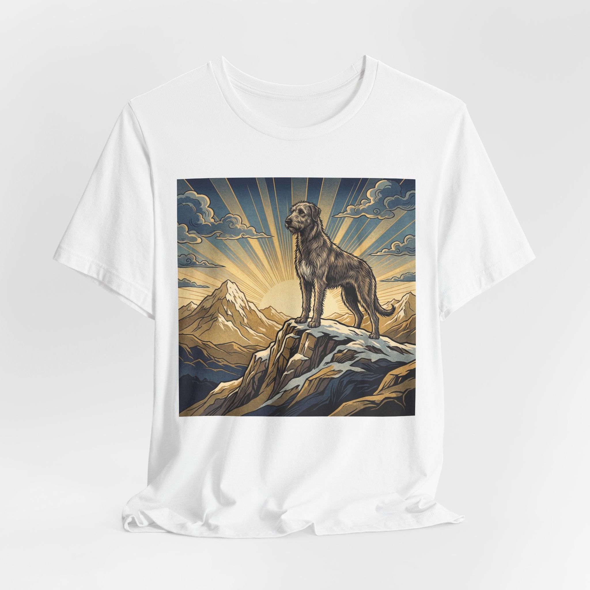Woodcut Irish Wolfhound T-Shirt — Mountain Sunrise Rays Art Print