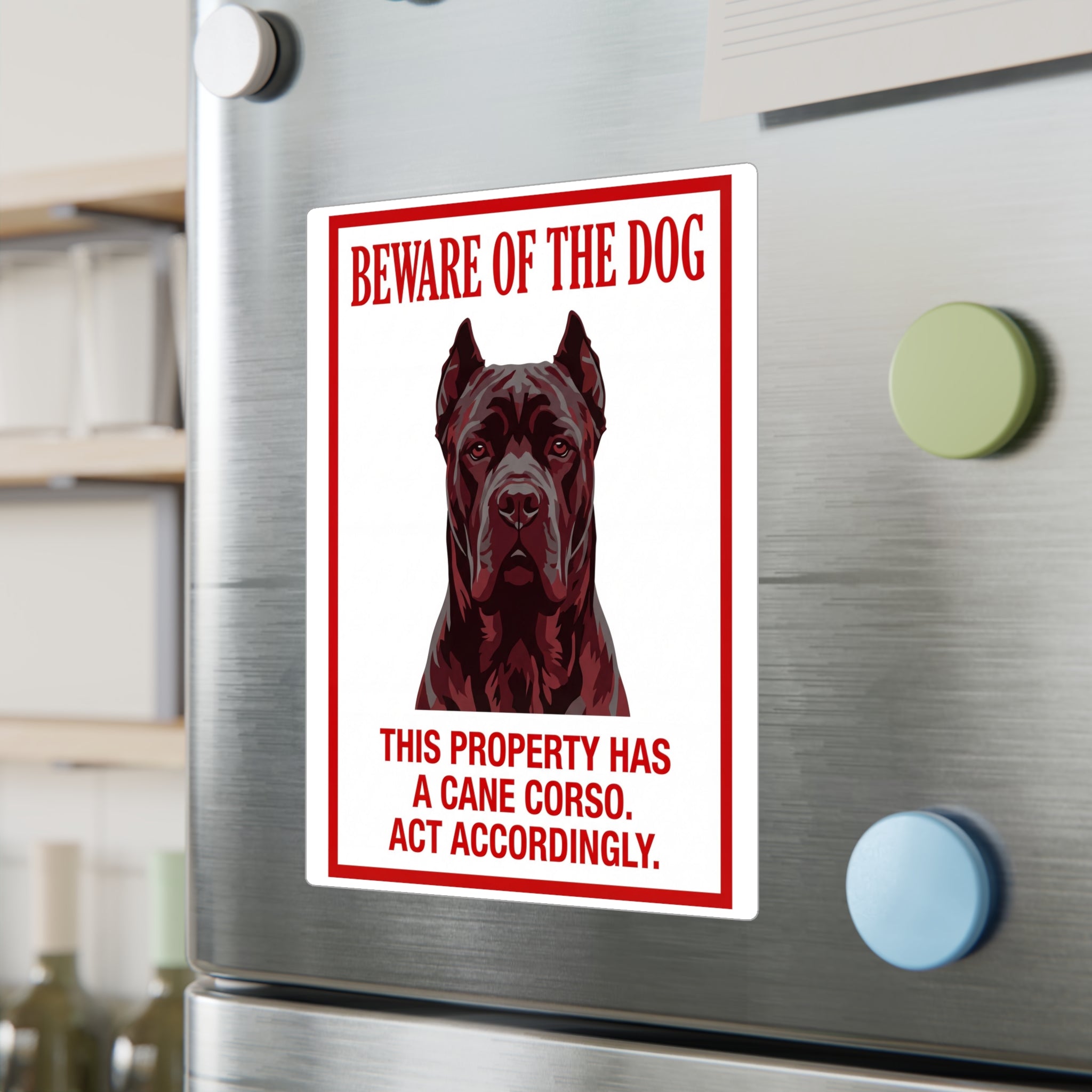 Beware of Cane Corso Sign – Bold Red Portrait Outdoor Vinyl Decal – lifestyle view
