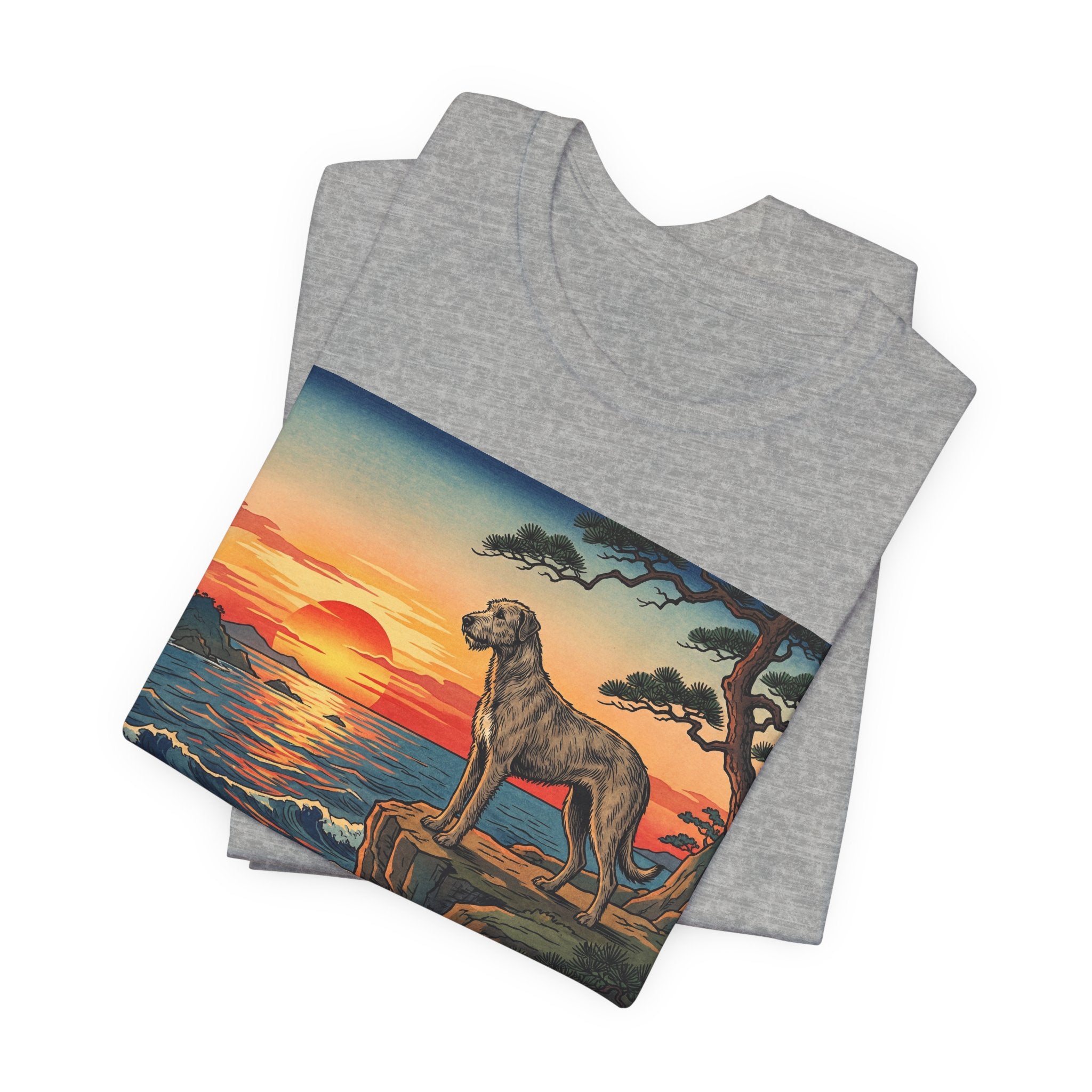 Hiroshige Style Irish Wolfhound T-Shirt — Coastal Cliff Sunset Art Print