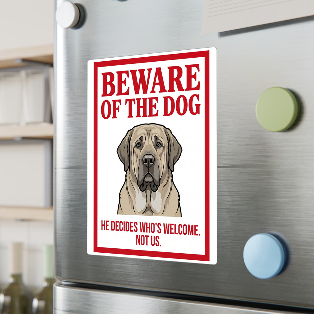 Beware of Mastiff Sign – Red Border Portrait Outdoor Vinyl Decal – lifestyle view