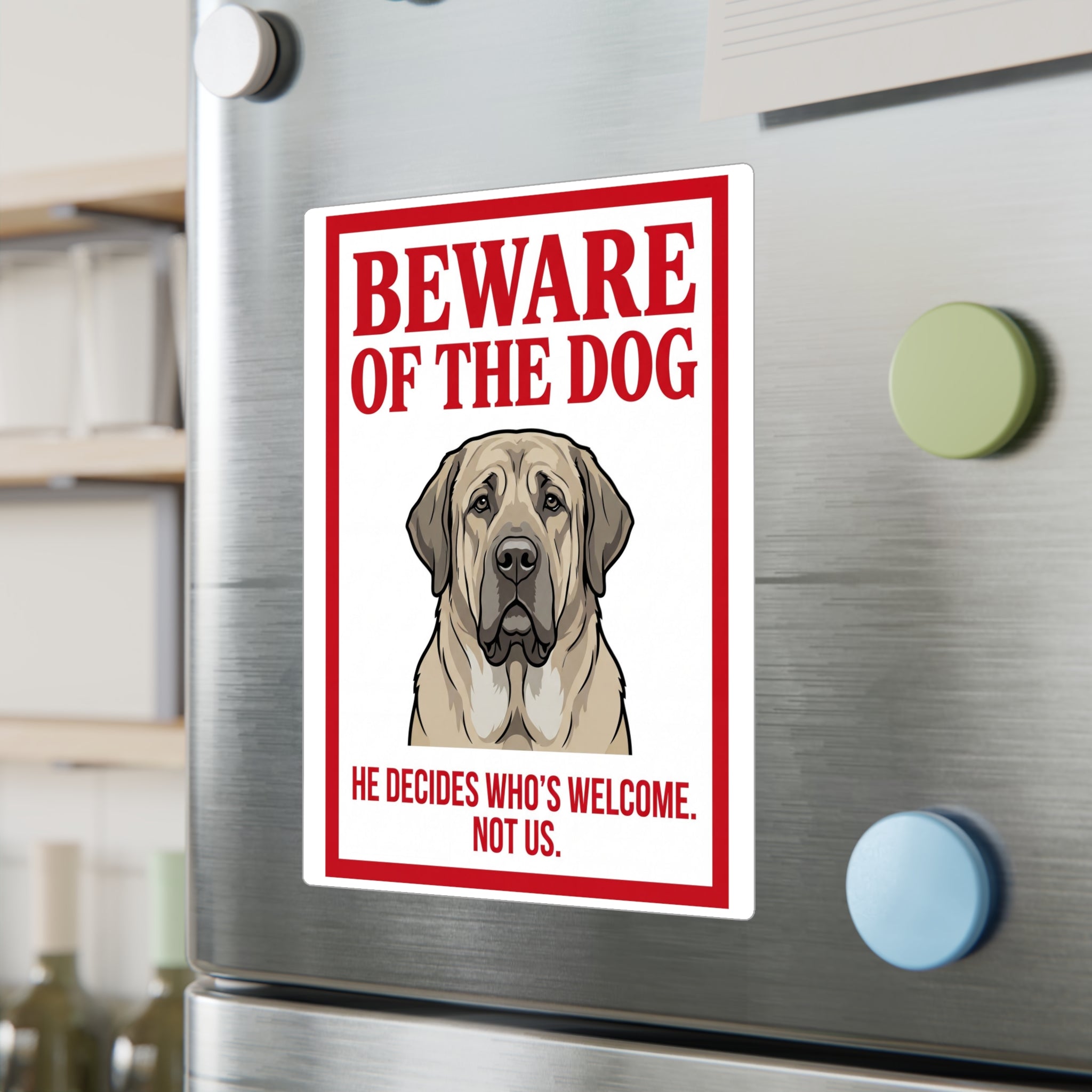 Beware of Mastiff Sign – Red Border Portrait Outdoor Vinyl Decal – lifestyle view