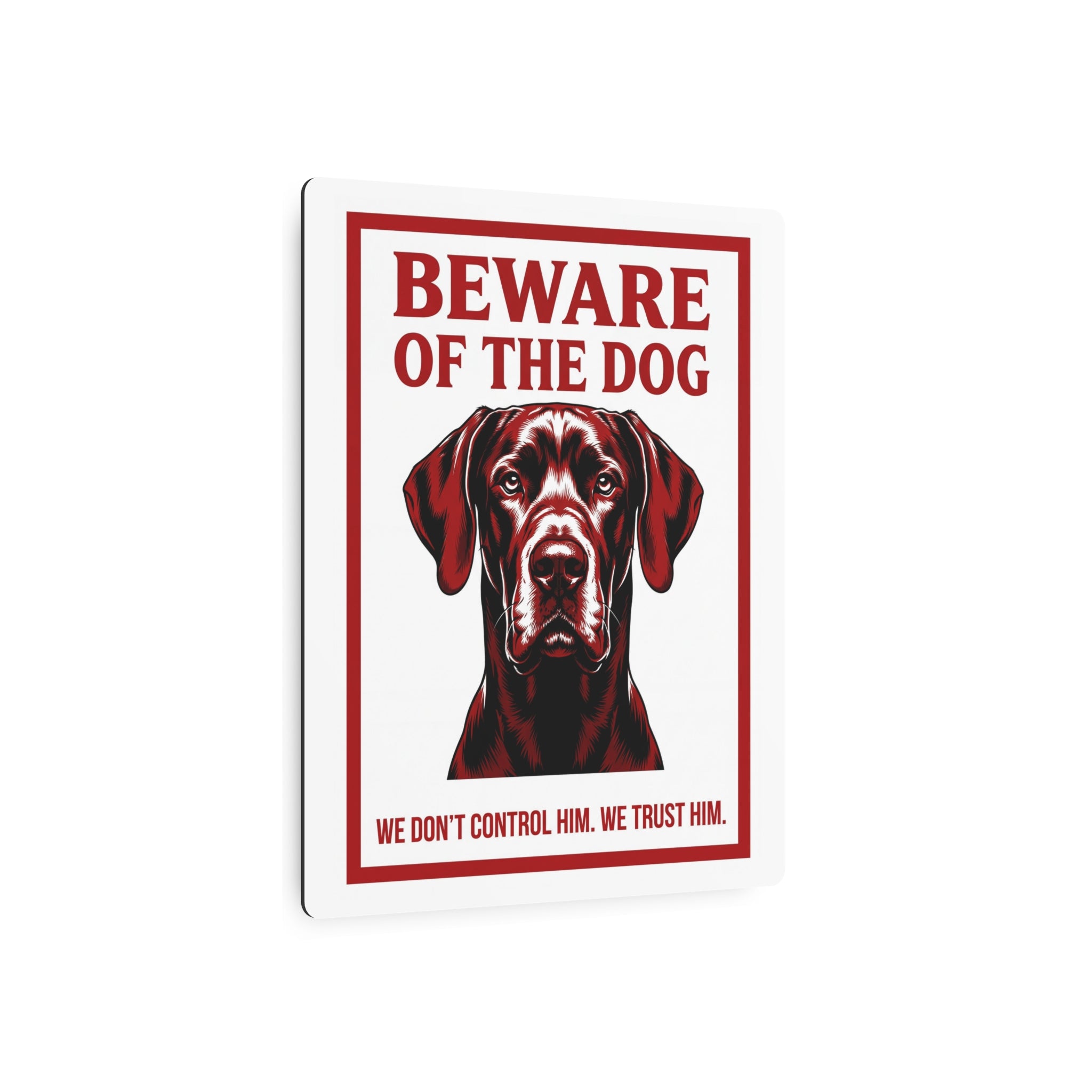 Beware of Great Dane Metal Sign – Red Black Portrait Aluminum Wall Sign – lifestyle view
