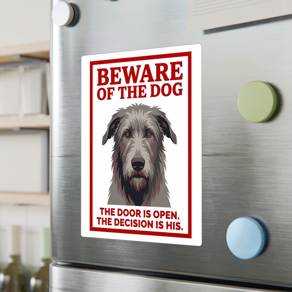 Beware of Irish Wolfhound Sign – Red Block Letter Outdoor Vinyl Decal – lifestyle view