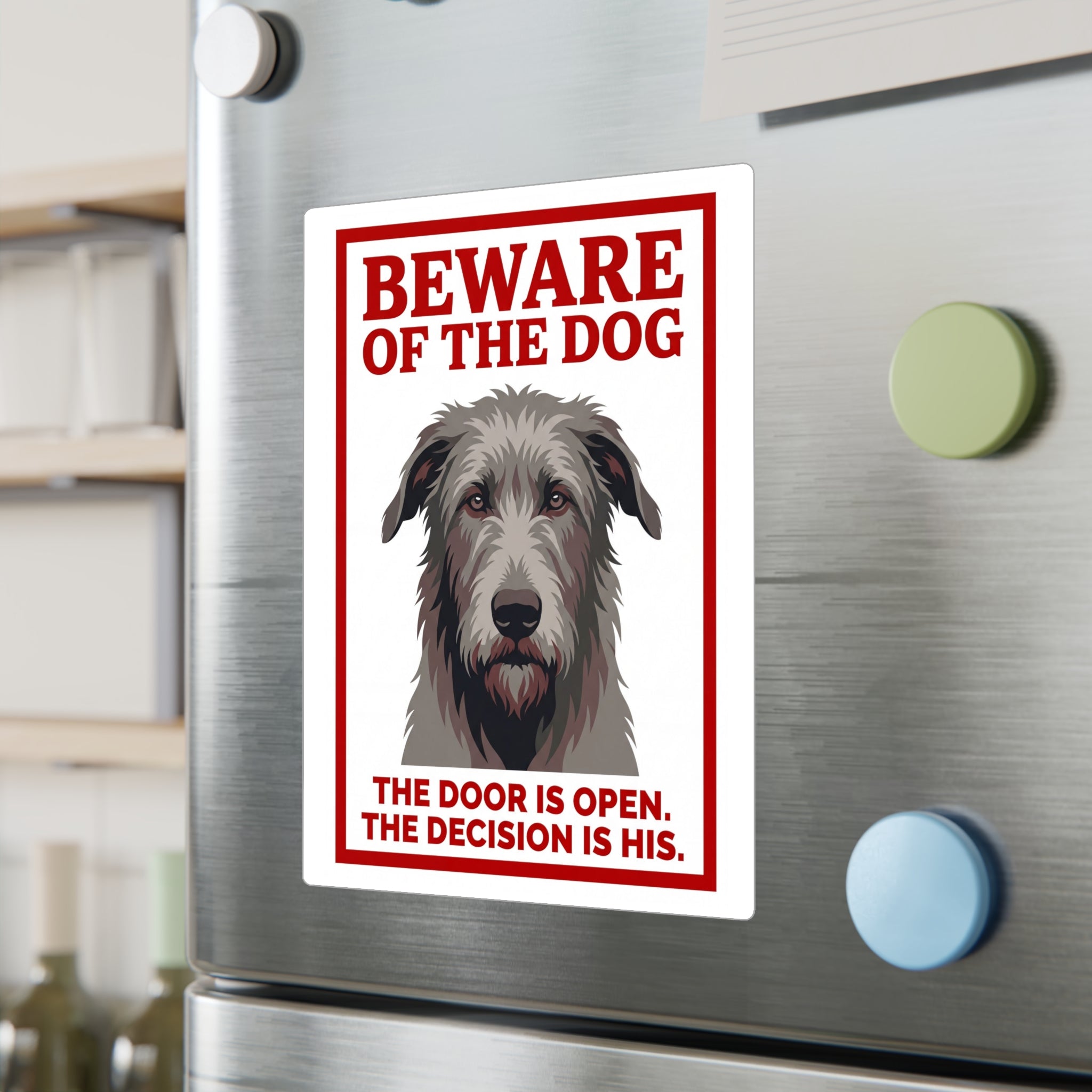 Beware of Irish Wolfhound Sign – Red Block Letter Outdoor Vinyl Decal – lifestyle view