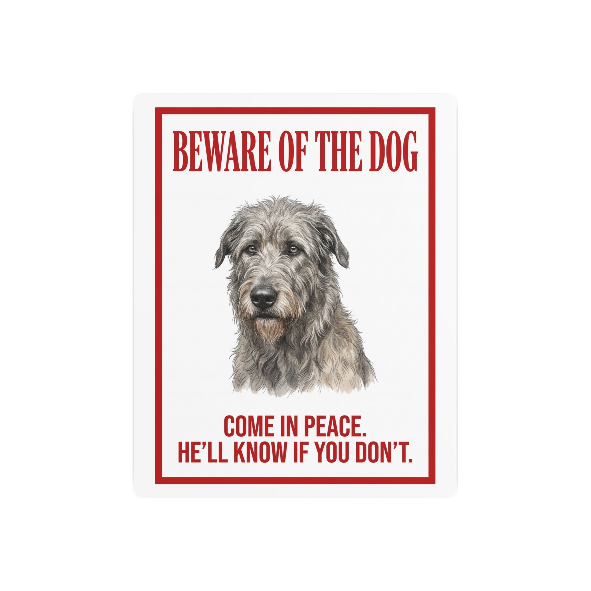 Beware of Irish Wolfhound Metal Sign – Grey Wire-Coat Aluminum Wall Sign – side view