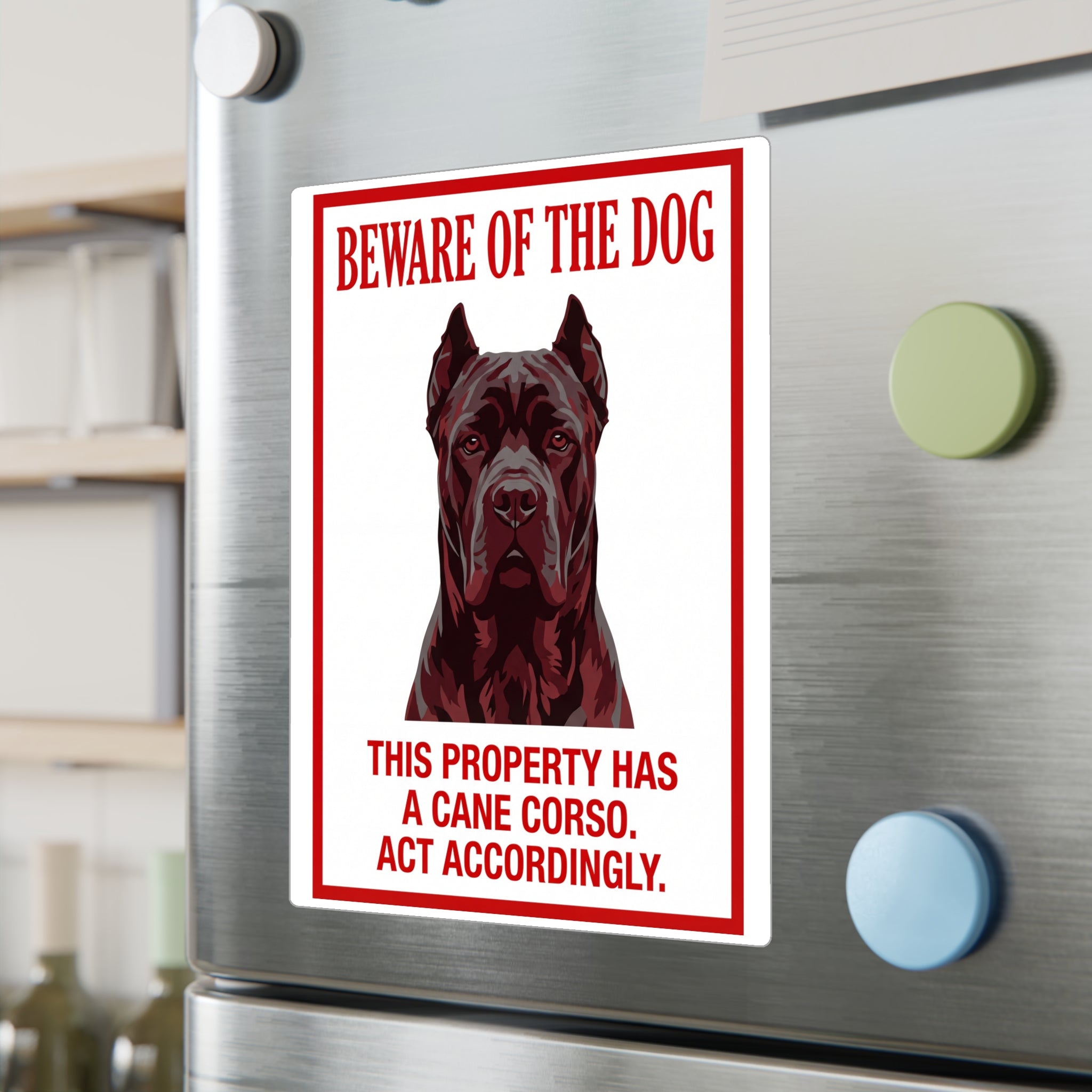 Beware of Cane Corso Sign – Bold Red Portrait Outdoor Vinyl Decal – lifestyle view