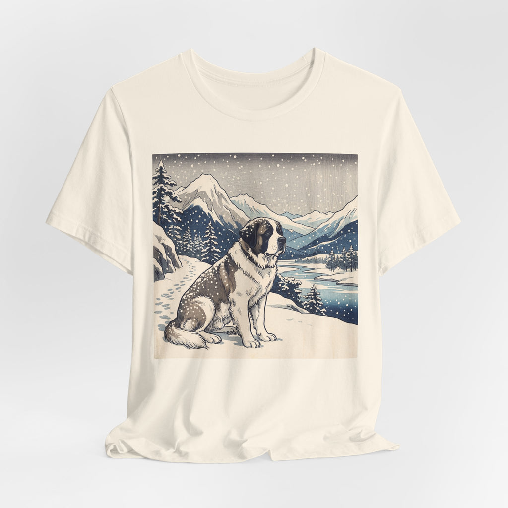 Hiroshige Style Saint Bernard T-Shirt — Snowy Mountain Blue Art Print
