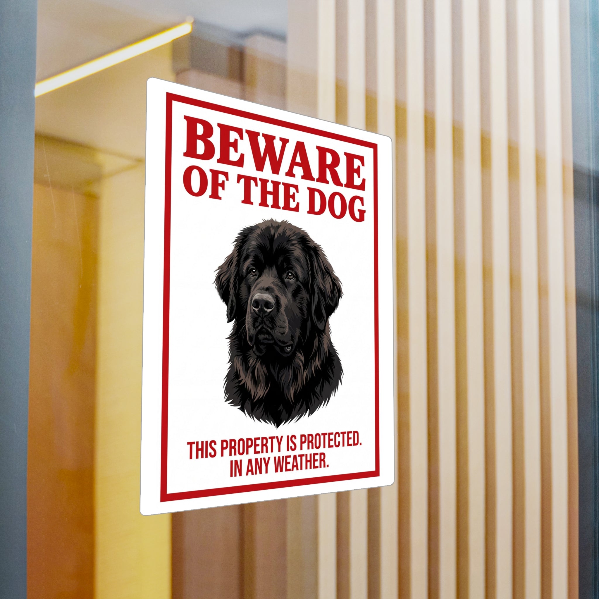 Beware of Newfoundland Sign – Bold Red Portrait Outdoor Vinyl Decal – detail view