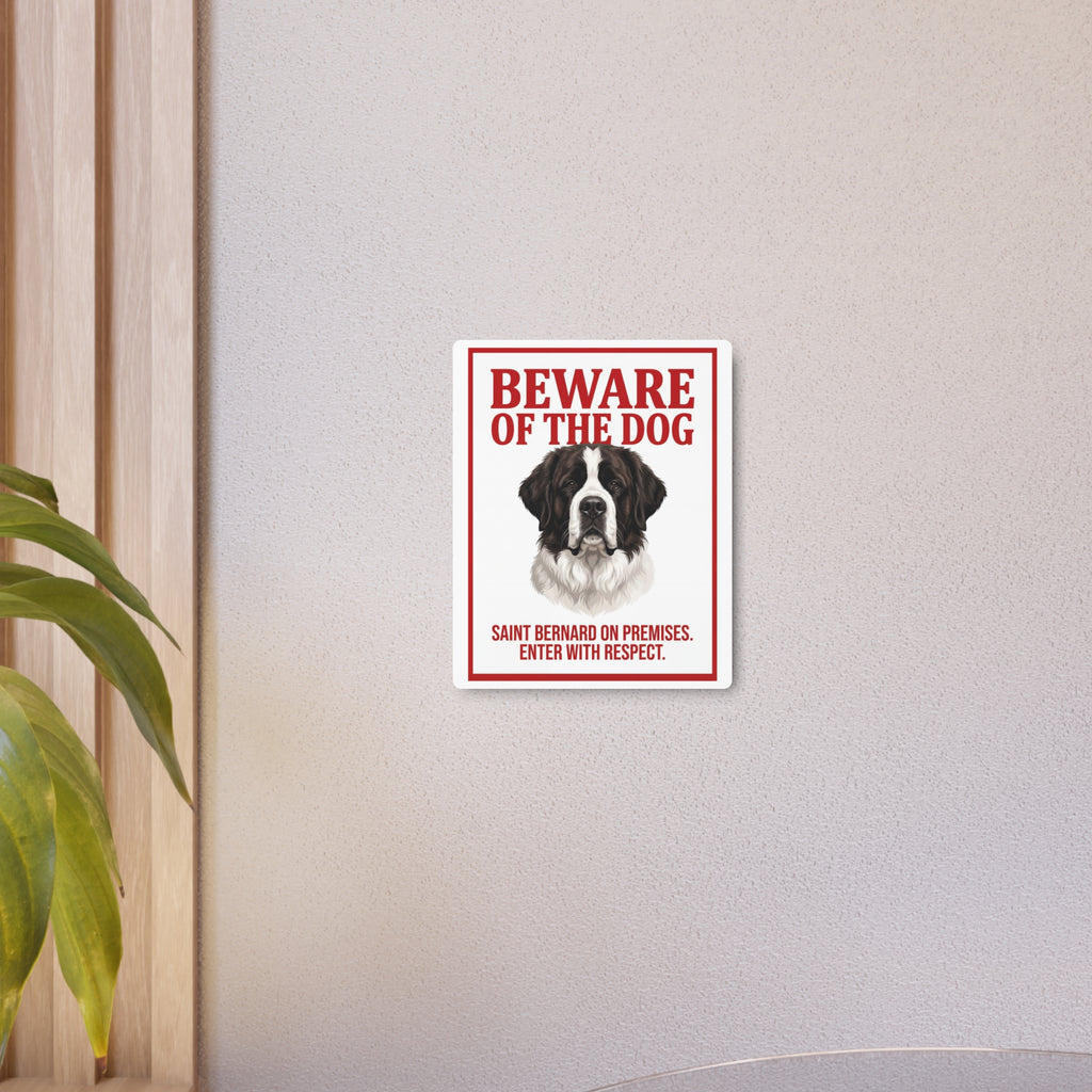 Beware of Saint Bernard Metal Sign – Red Border Portrait Aluminum Wall Sign – alternate view