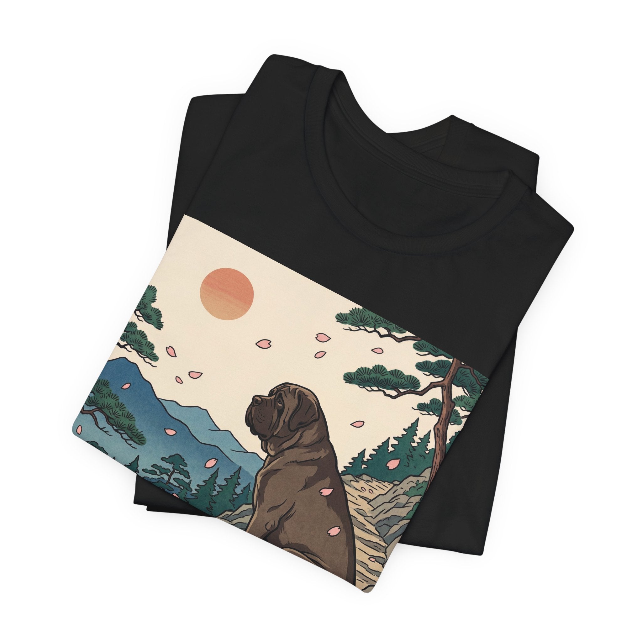Hiroshige Style Mastiff T-Shirt — Cherry Blossom Mountain Art Print