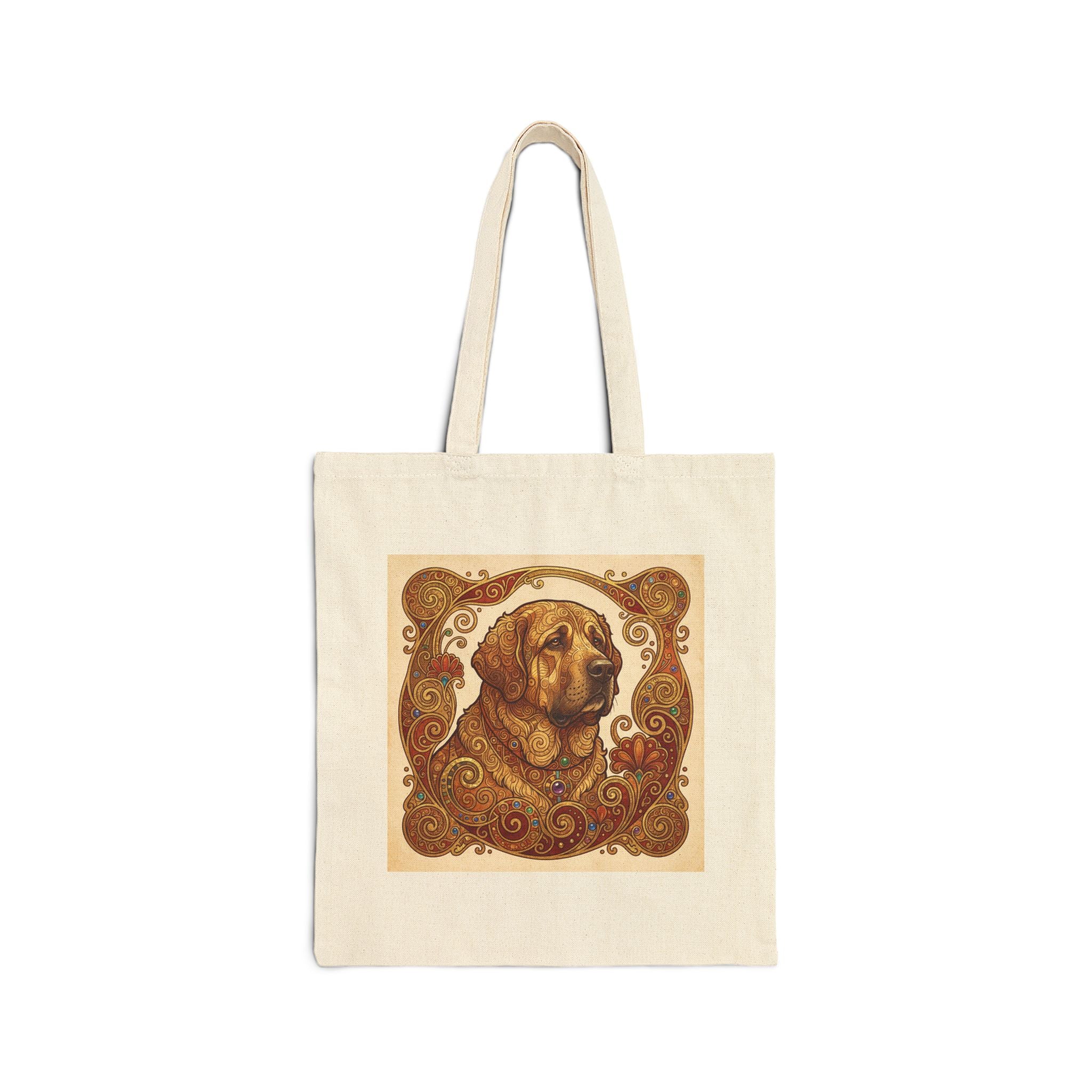 Klimt Style Spanish Mastiff Tote Bag – Gold Scroll & Jewel Art Print – side view