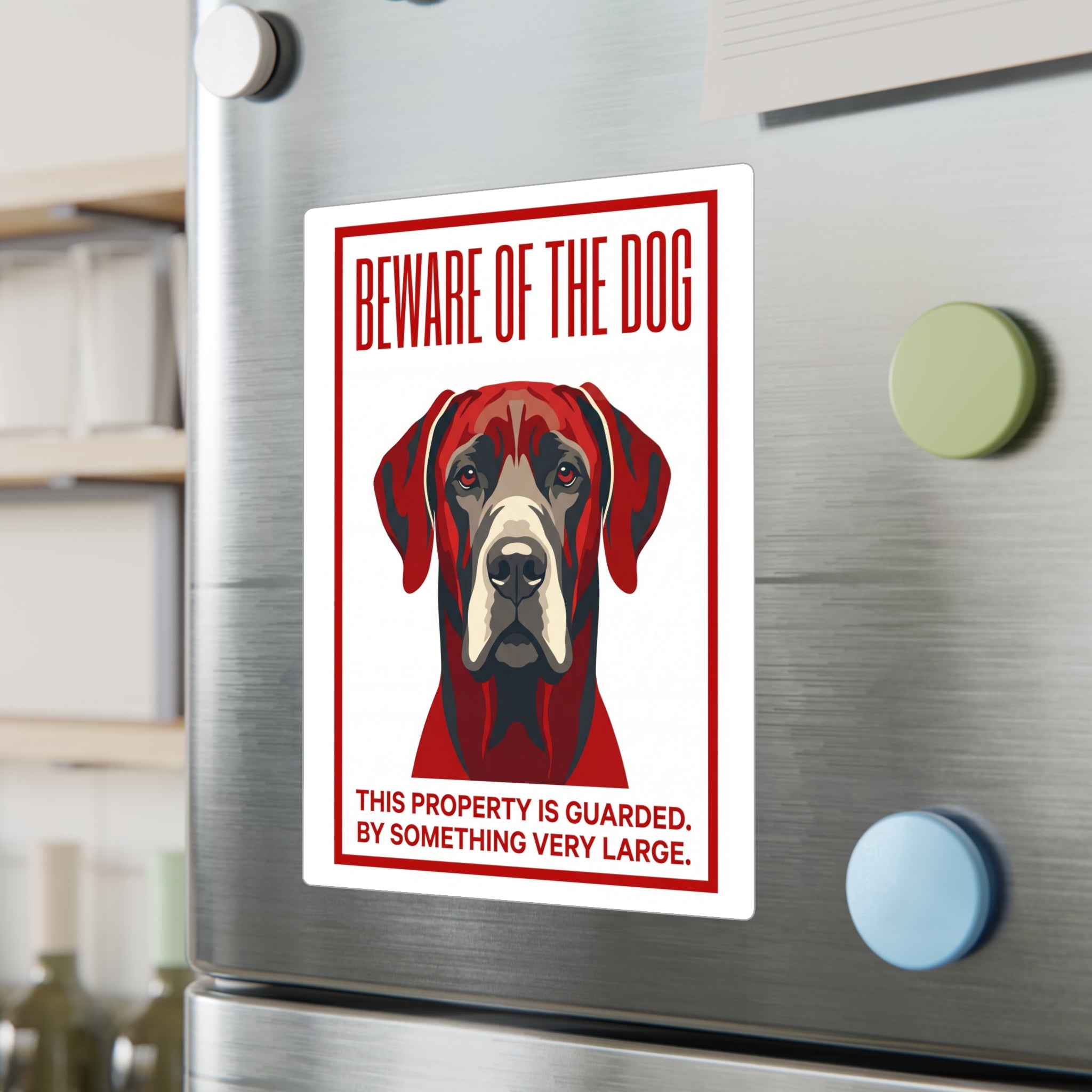 Beware of Great Dane Sign – Bold Red Portrait Outdoor Vinyl Decal – lifestyle view
