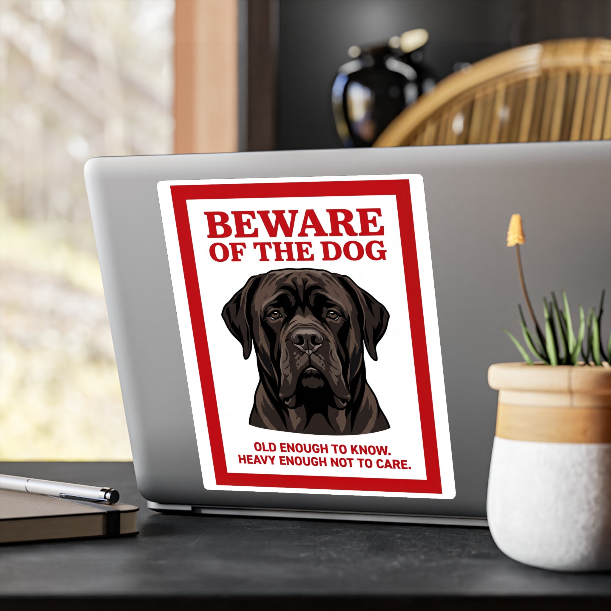 Beware of Mastiff Sign – Dark Brindle Portrait Outdoor Vinyl Decal – alternate view
