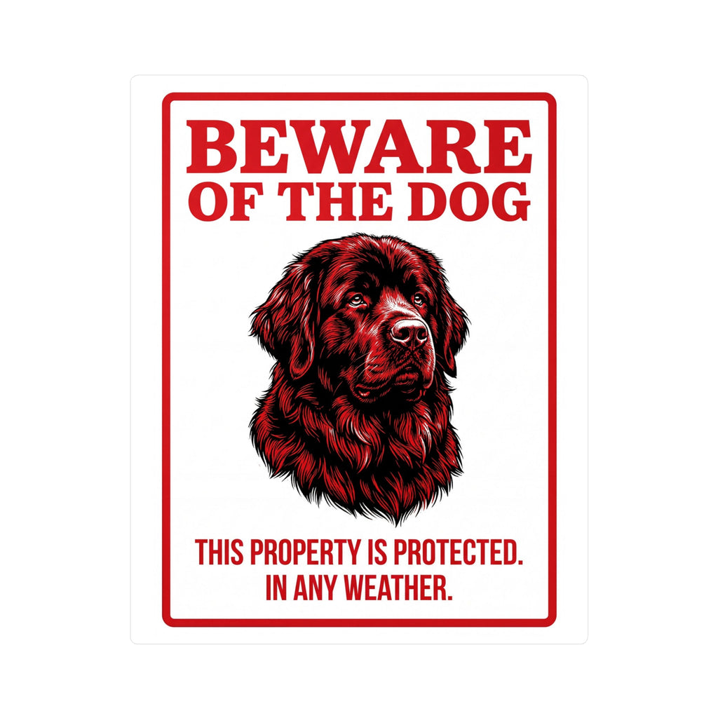 Beware of Newfoundland Sign – Red Portrait Warning Outdoor Vinyl Decal – side view
