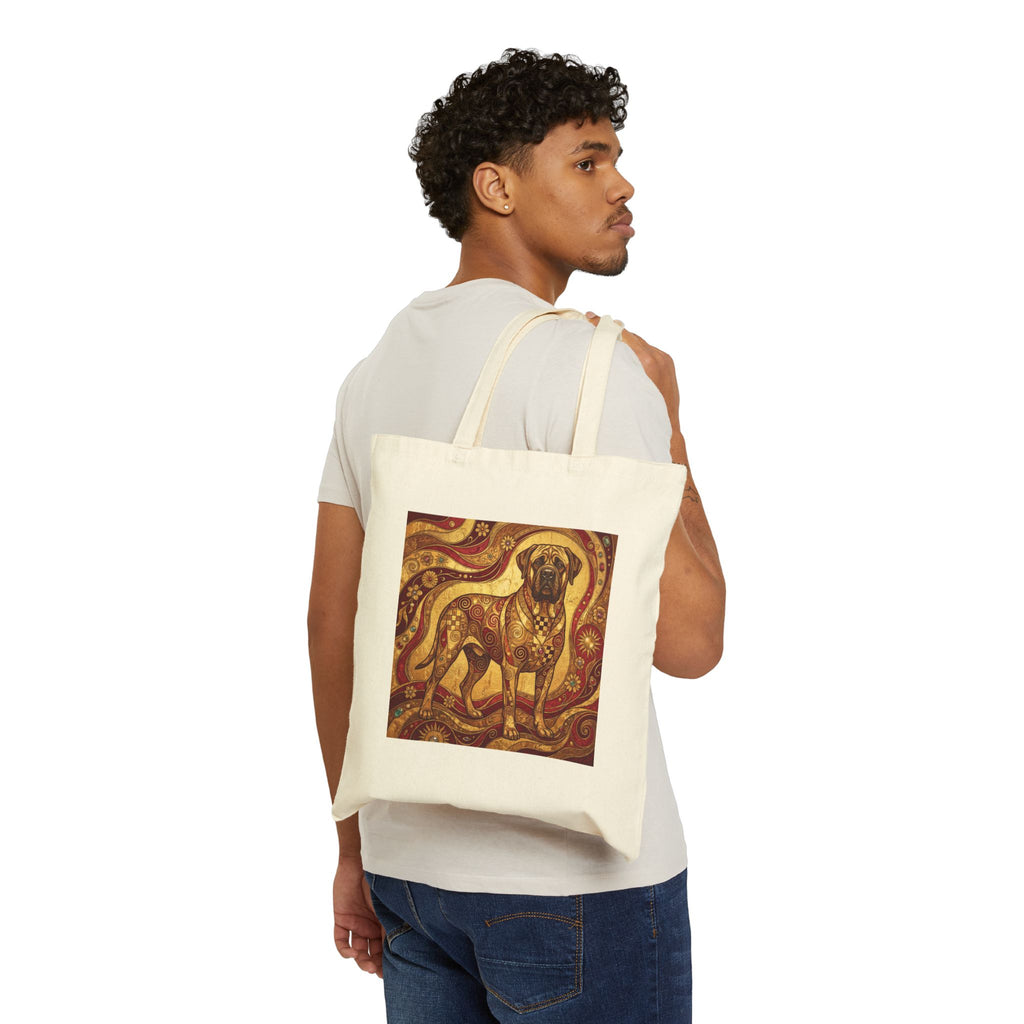 Klimt Style Mastiff Tote Bag – Gold Spiral & Crimson Art Print – lifestyle view
