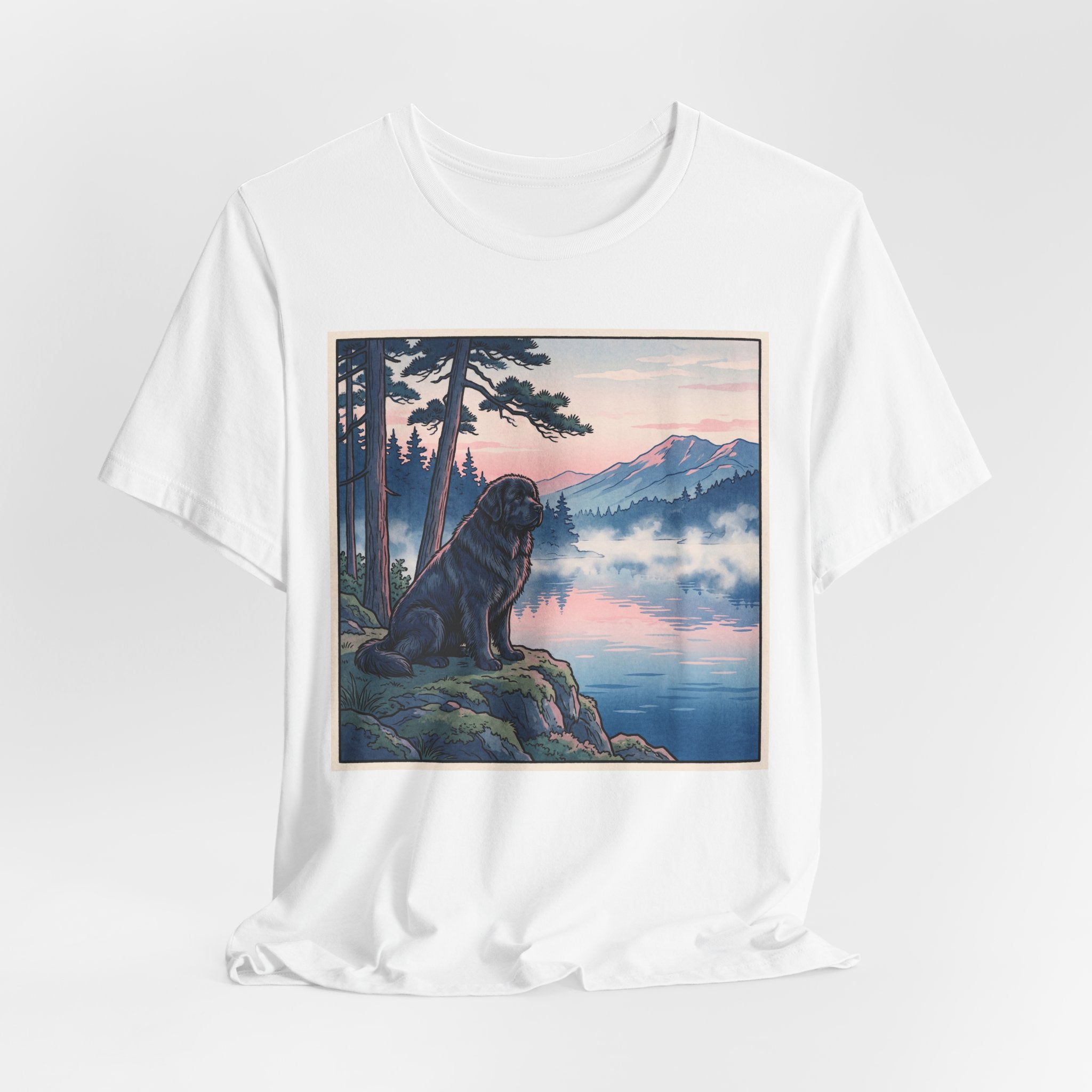 Hiroshige Style Newfoundland T-Shirt — Misty Lake Dawn Art Print