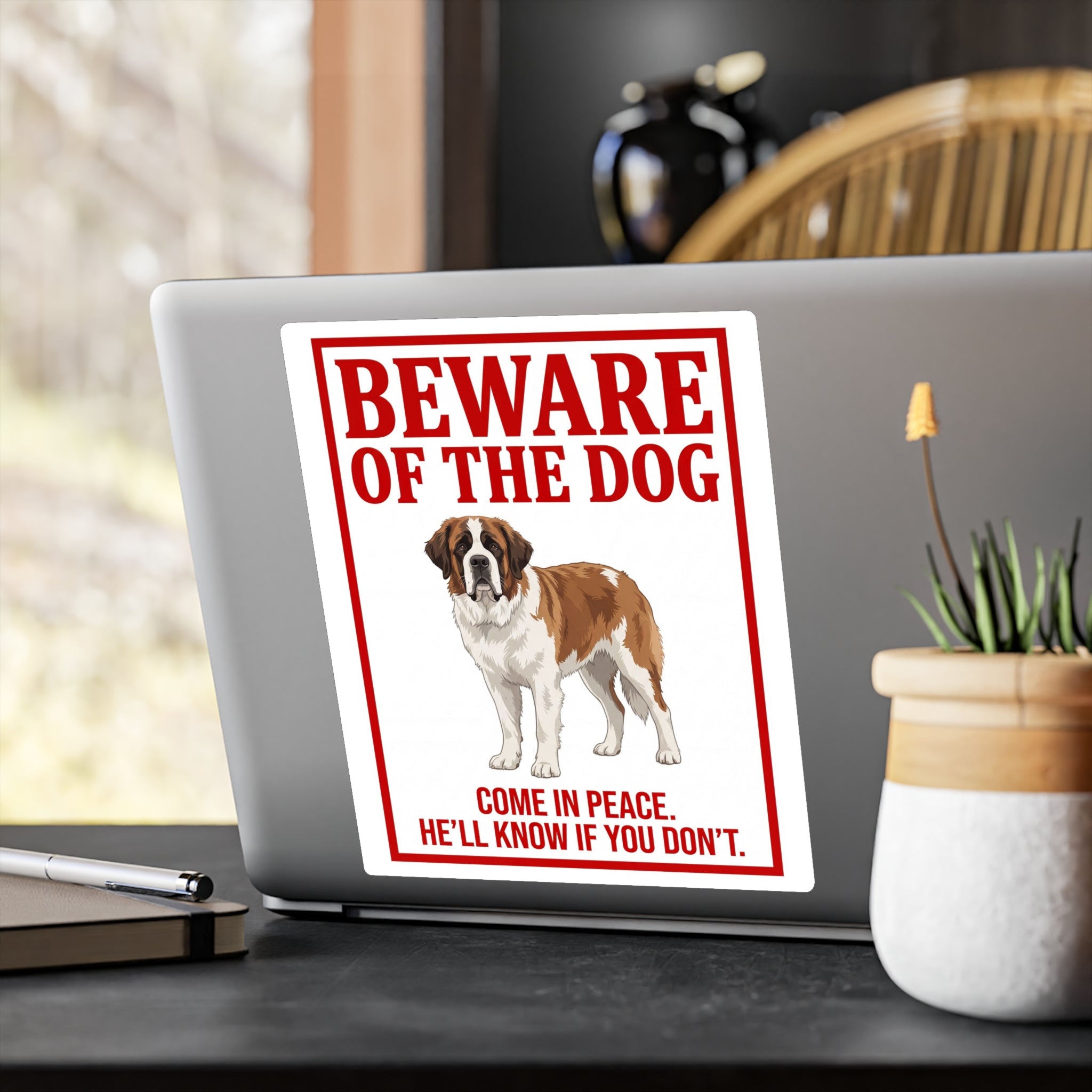 Beware of Saint Bernard Sign – Bold Red Warning Outdoor Vinyl Decal – alternate view