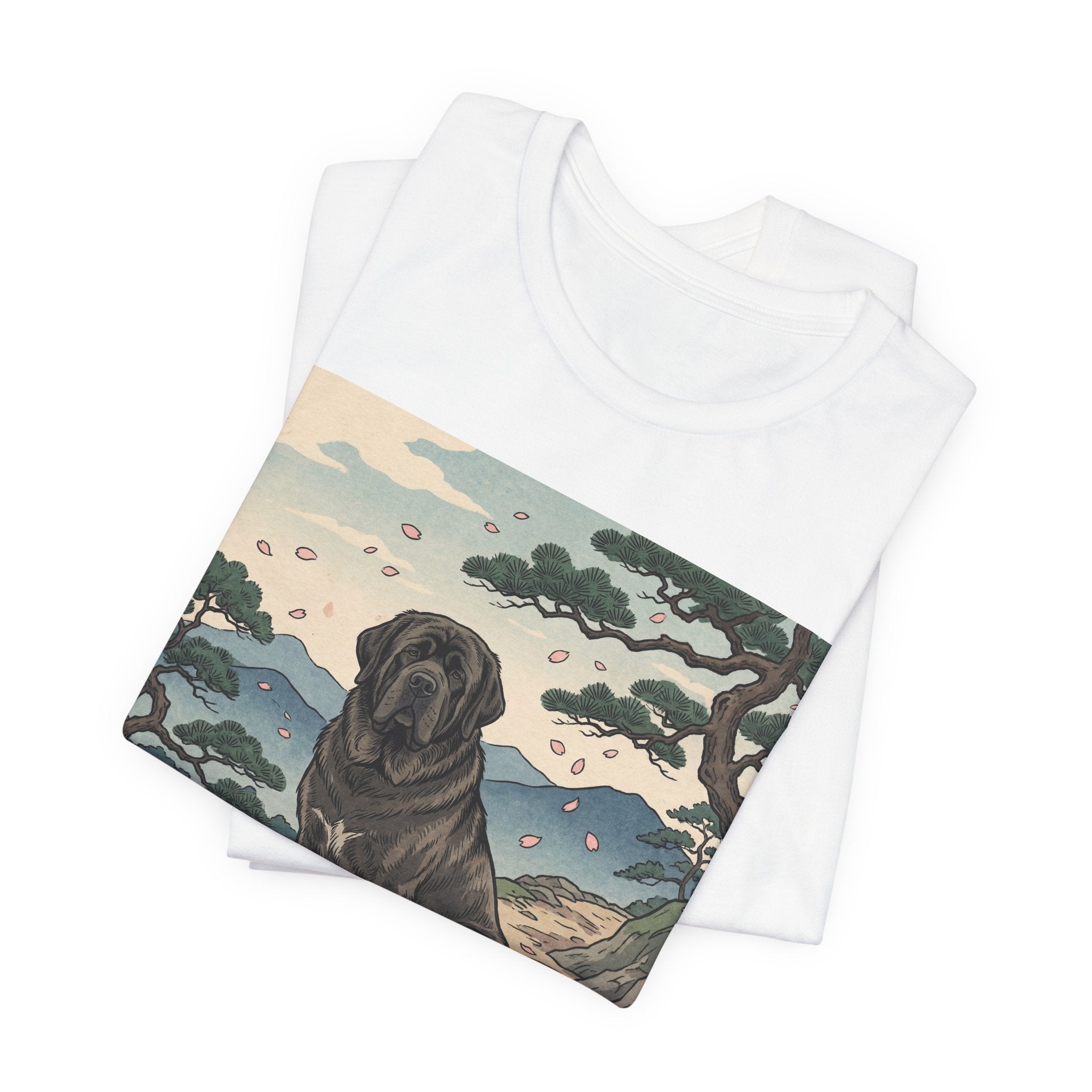 Hiroshige Style Mastiff T-Shirt — Cherry Blossom Mountain Art Print