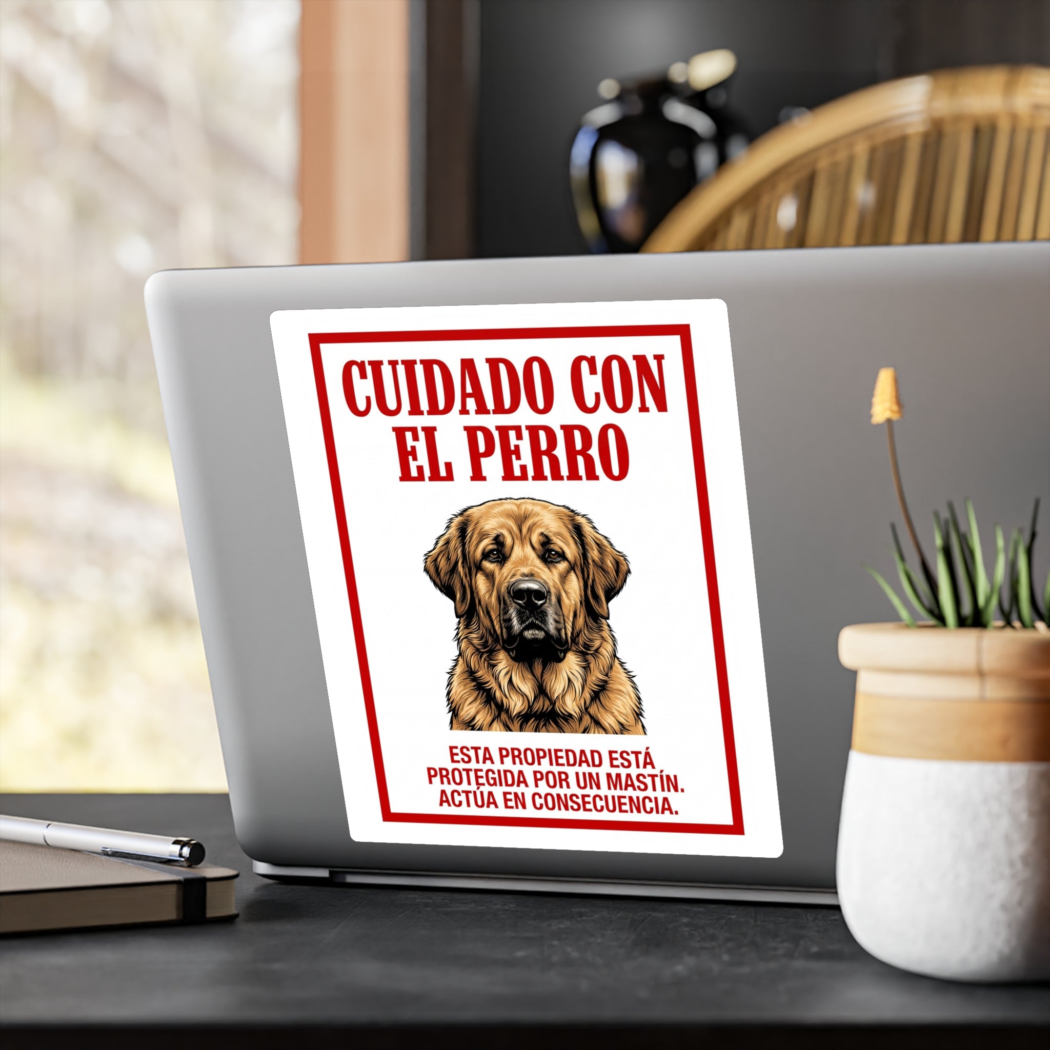 Beware of Spanish Mastiff Sign – Red Border Warning Outdoor Vinyl Decal – alternate view