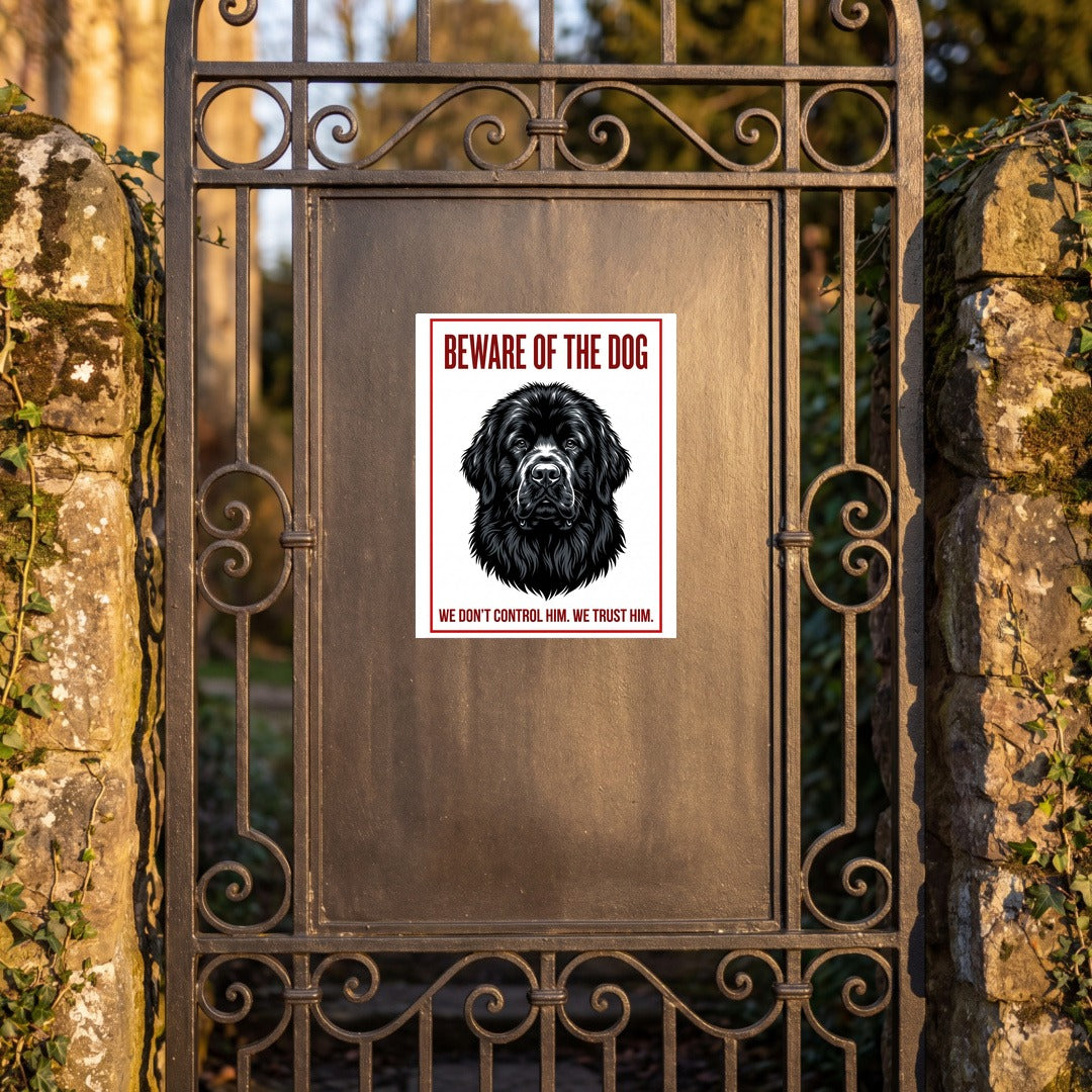 Beware of Newfoundland Sign – Black Portrait Red Border Outdoor Vinyl Decal