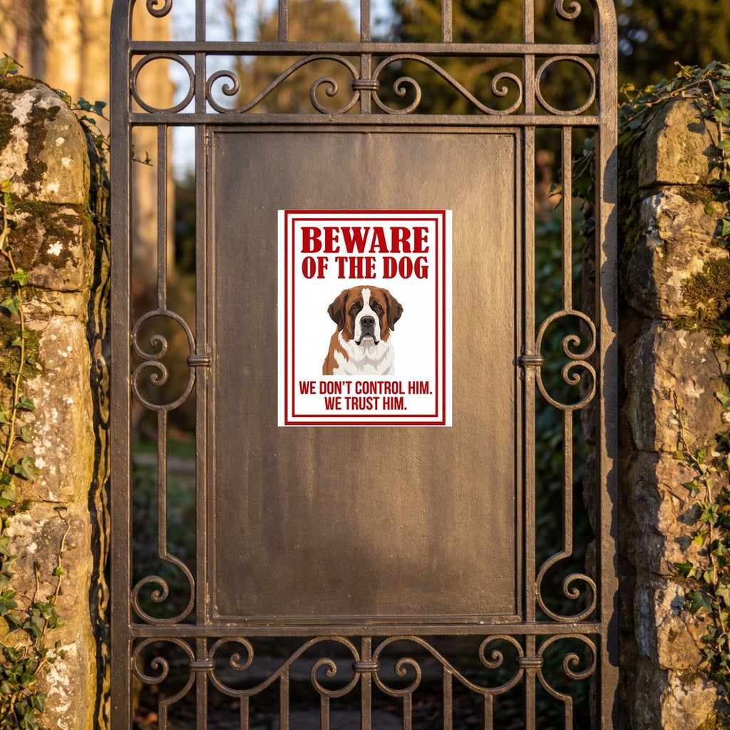 Beware of Saint Bernard Metal Sign – Red Border Portrait Aluminum Wall Sign