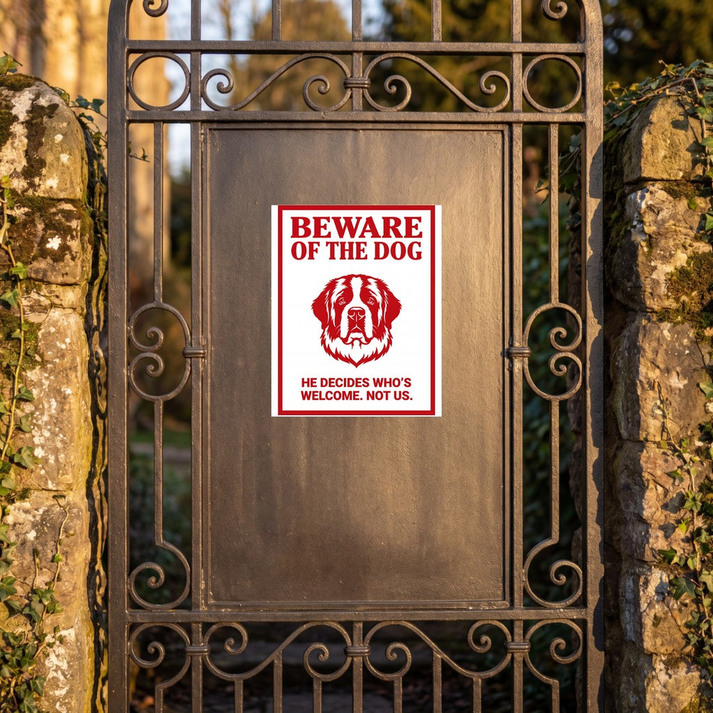 Beware of Saint Bernard Metal Sign – Red Portrait Aluminum Wall Sign