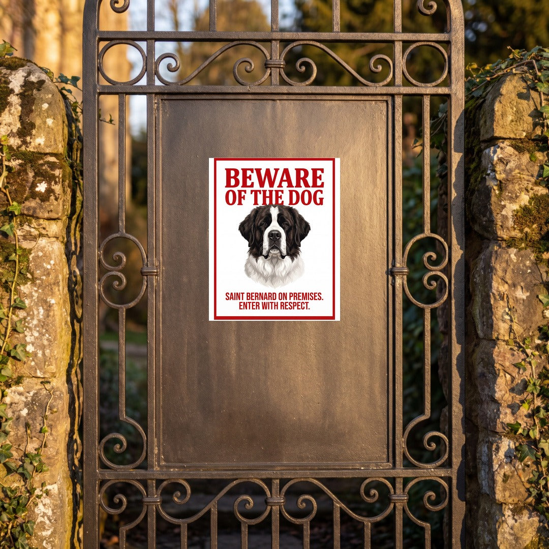 Beware of Saint Bernard Metal Sign – Red Border Portrait Aluminum Wall Sign