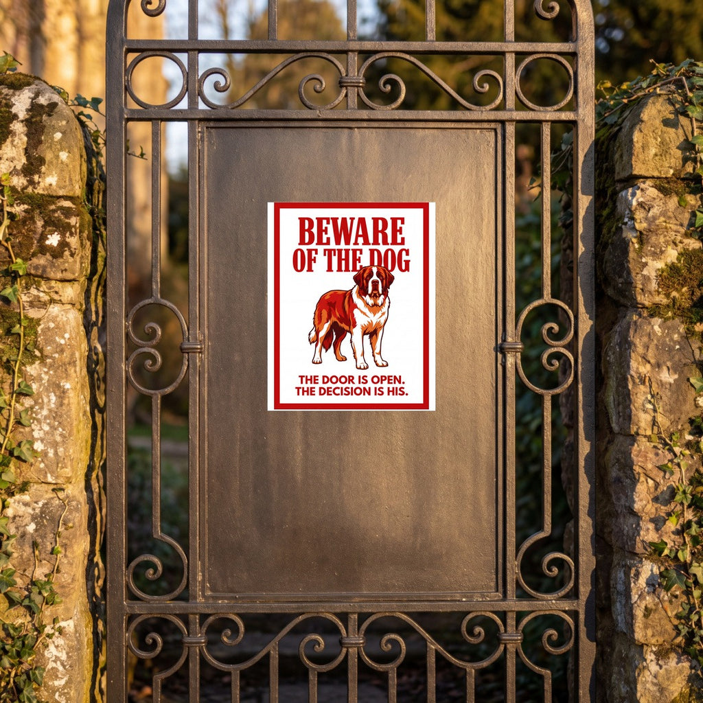 Beware of Saint Bernard Metal Sign – Full Body Red Aluminum Wall Sign