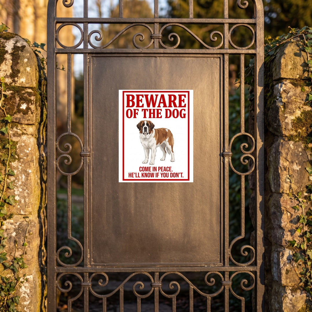 Beware of Saint Bernard Metal Sign – Full Body Red Border Aluminum Wall Sign