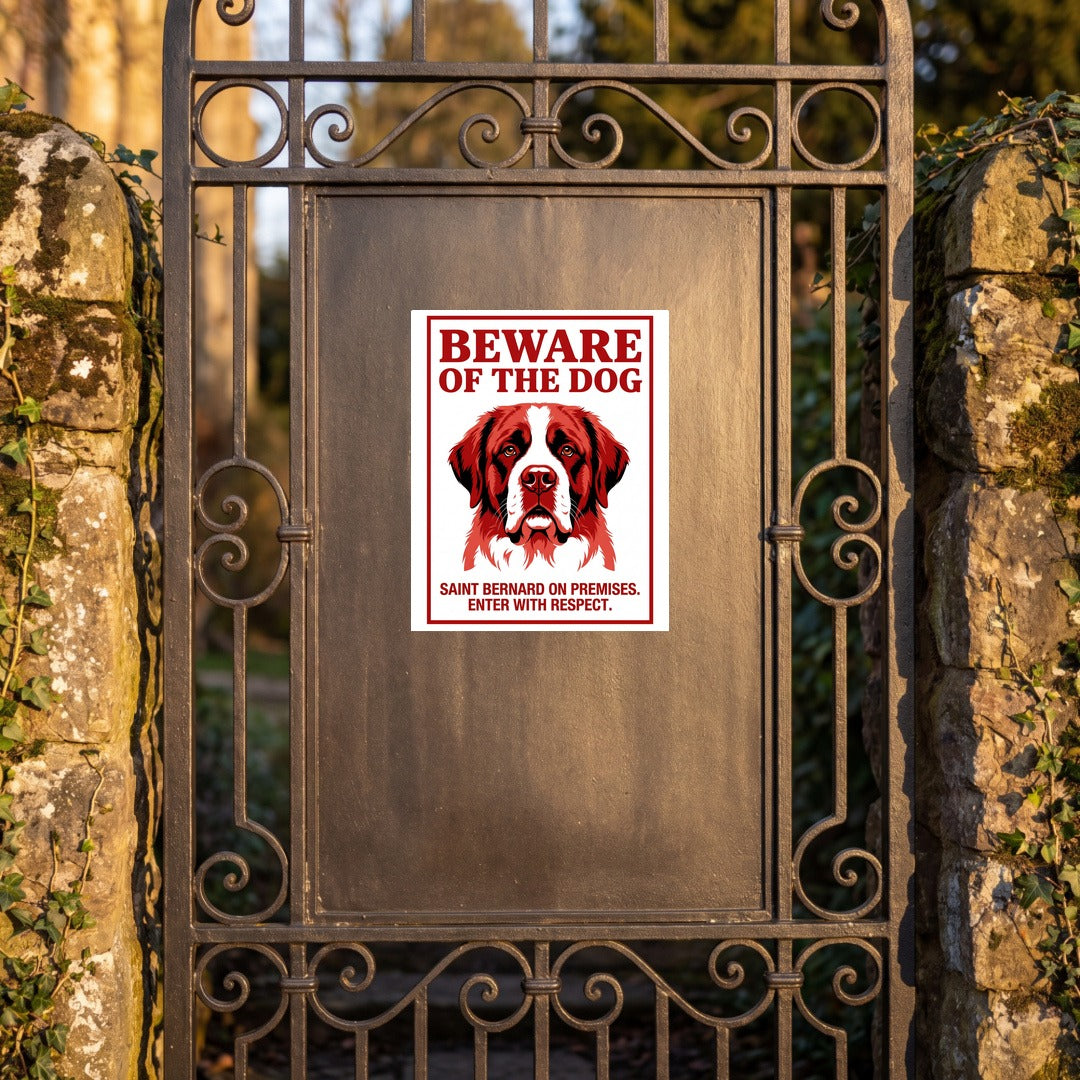 Beware of Saint Bernard Sign – Red & White Portrait Outdoor Vinyl Decal